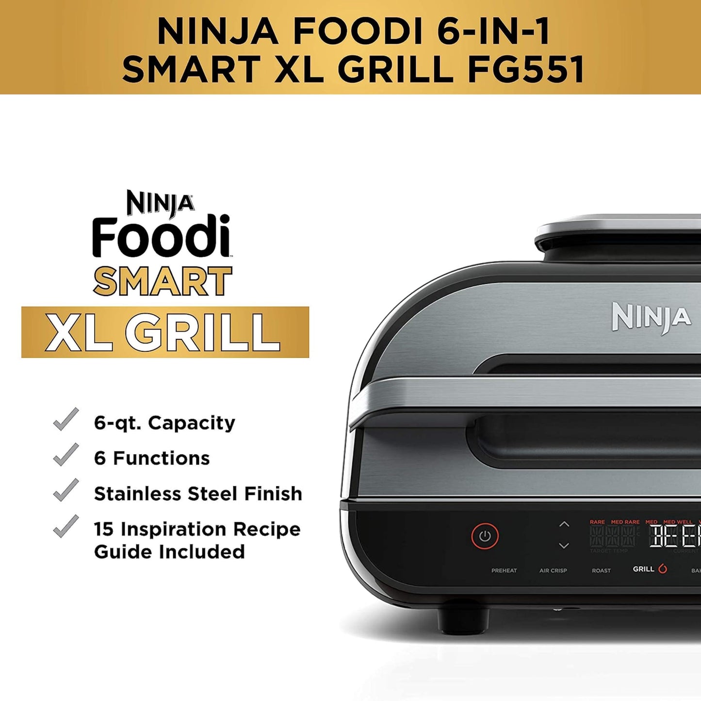 Ninja FG551 Foodi Smart XL 6-in-1 Indoor Grill with Air Fry, Roast, Bake, Broil & Dehydrate, Smart Thermometer, Black/Silver - CookCave