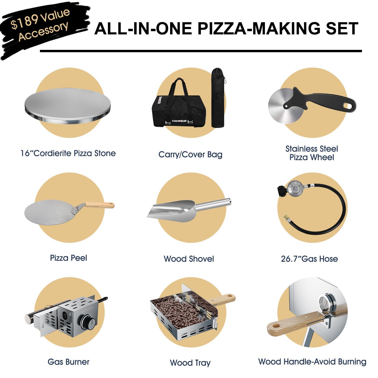 ABORON Pizza Oven Outdoor,16" Multi-Fuel Rotatable Pizza Ovens,Portable Wood Fired and Gas Pizza Oven,Stainless Steel 3-Layer Oven,Pizza Maker with Built-in Thermometer,Pizza Cutter & Carry Bag - CookCave