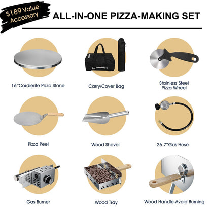 ABORON Pizza Oven Outdoor,16" Multi-Fuel Rotatable Pizza Ovens,Portable Wood Fired and Gas Pizza Oven,Stainless Steel 3-Layer Oven,Pizza Maker with Built-in Thermometer,Pizza Cutter & Carry Bag - CookCave