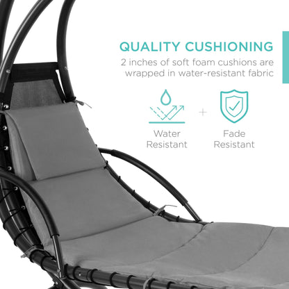 Best Choice Products Outdoor Hanging Curved Steel Chaise Lounge Chair Swing w/Built-in Pillow and Removable Canopy - Charcoal Gray - CookCave