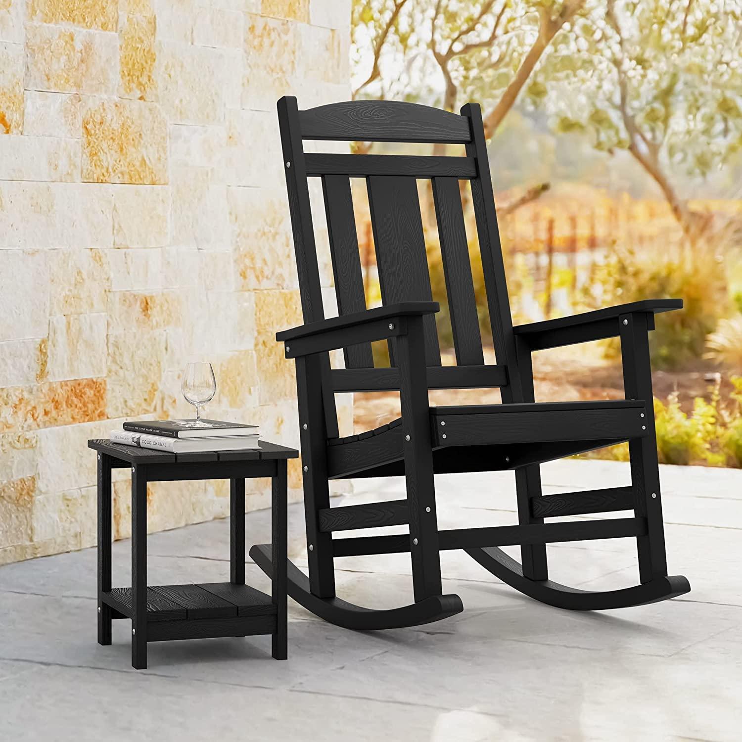 LUE BONA Outdoor Rocking Chairs Set of 2, Weather Resistant HDPS Poly Rocker Chairs, 350lb Heavy Duty, Oversized Porch Rocker for Adult, High Back Smooth Rocking Chairs for Outdoor & Indoor, Black - CookCave