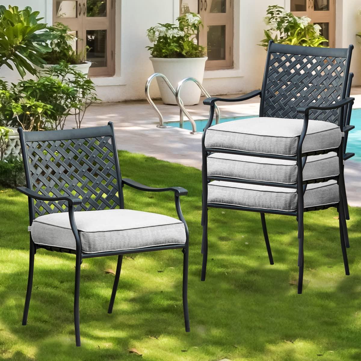 Top Space Metal Dining Chair Indoor Outdoor Use Patio Dinning Chairs Set,Dining Bistro Cafe Side Metal Chairs Set of 4 with Arms and Seat Cushions(4 PC, Grey) - CookCave