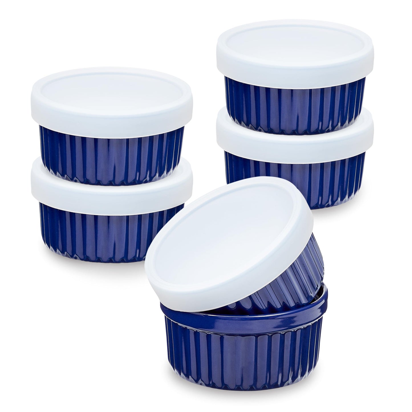 Sheffield Home Ramekin Set - Elevate Culinary Creations with 6 Round Ceramic Bowls (8oz), Oven-Safe Cups for Pudding, Creme Brulee, Souffle. Includes Silicone Lids, Dishwasher & Microwave Safe - Blue - CookCave