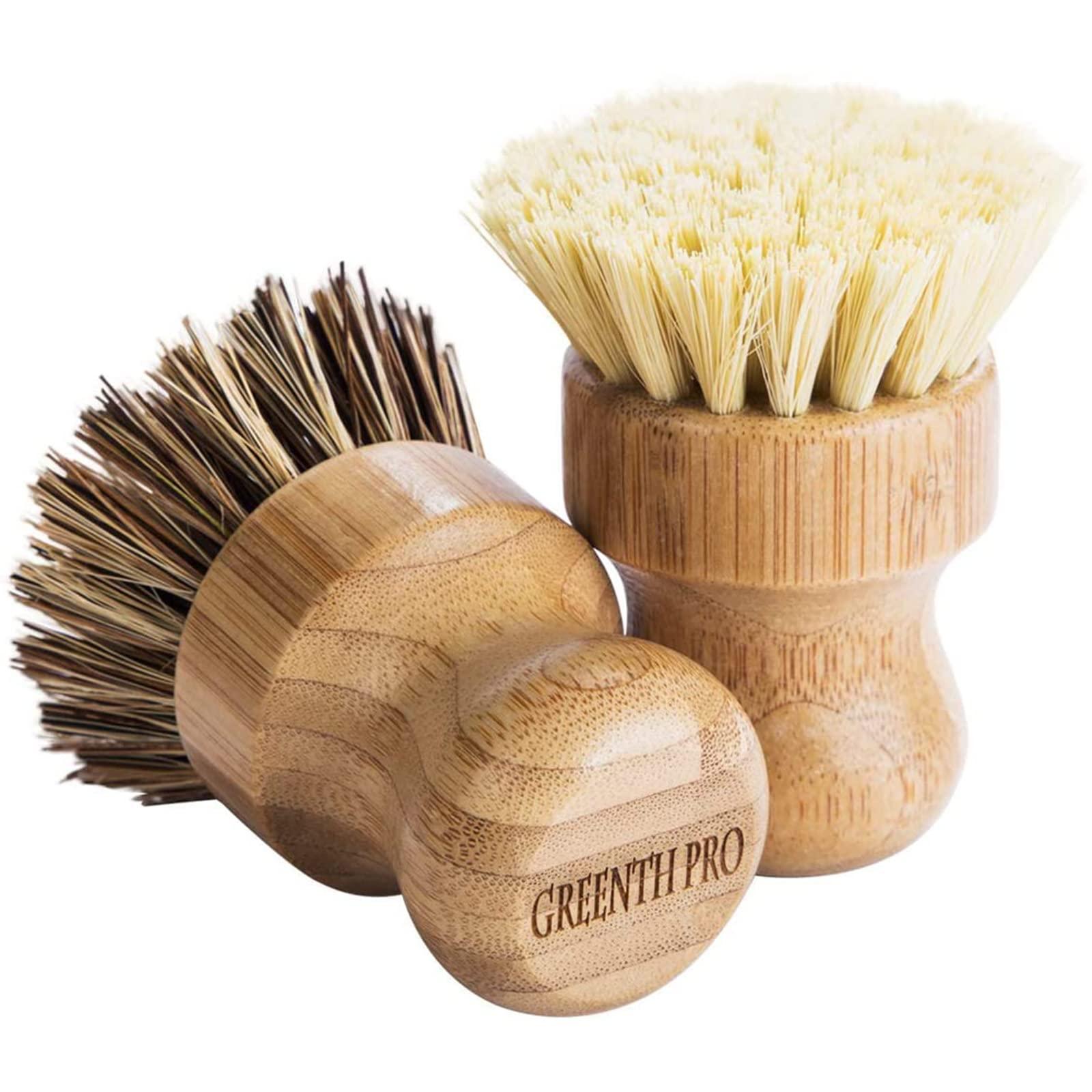 Palm Pot Brush- Bamboo Round 3 Packs Mini Dish Brush Natural Scrub Brush Durable Scrubber Cleaning Kit with Union Fiber and Tampico Fiber for Cleaning Pots, Pans and Vegetables - CookCave