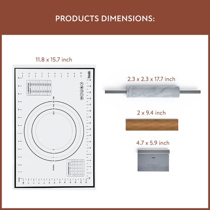 Fistukit White Marble Rolling Pin with Stainless Steel Handles Baking Set - Silicone Baking Mat, Bench Scraper, Wooden Base- 10 Inch Roller - CookCave