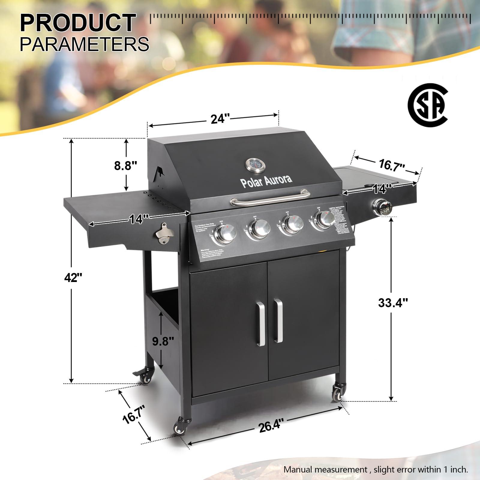 Propane Gas Grill 4 Burners with Side Burner Freestanding Grill Cart with Wheels for Outdoor Garden Cooking Barbecue Grill, Black - CookCave