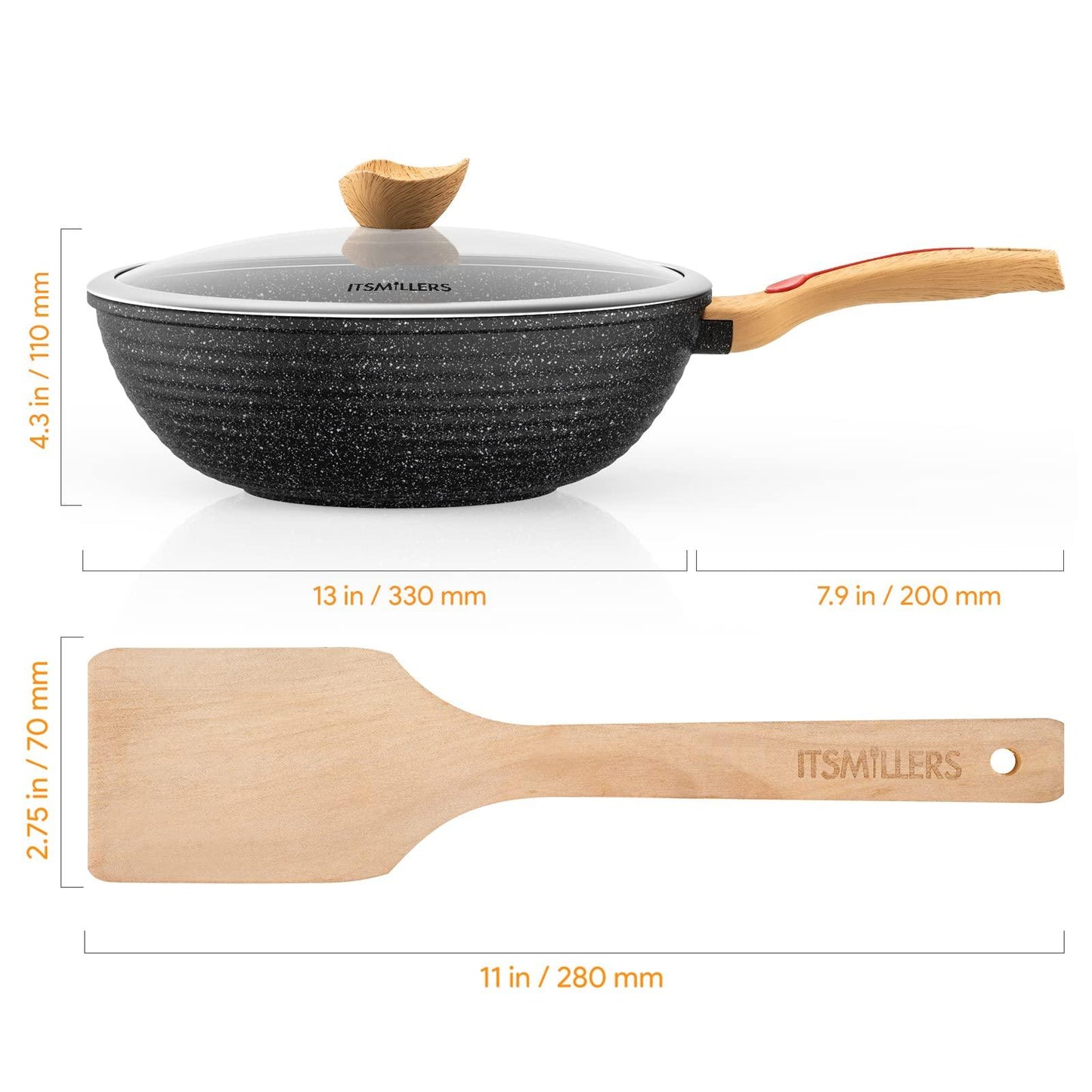 ITSMILLERS Chinese Wok Die-Casting Nonstick Wok Scratch Resistant with Lid and Spatula, PFOA-Free,Dishwasher Safe & Induction Bottom 12.5 Inch,6L - CookCave