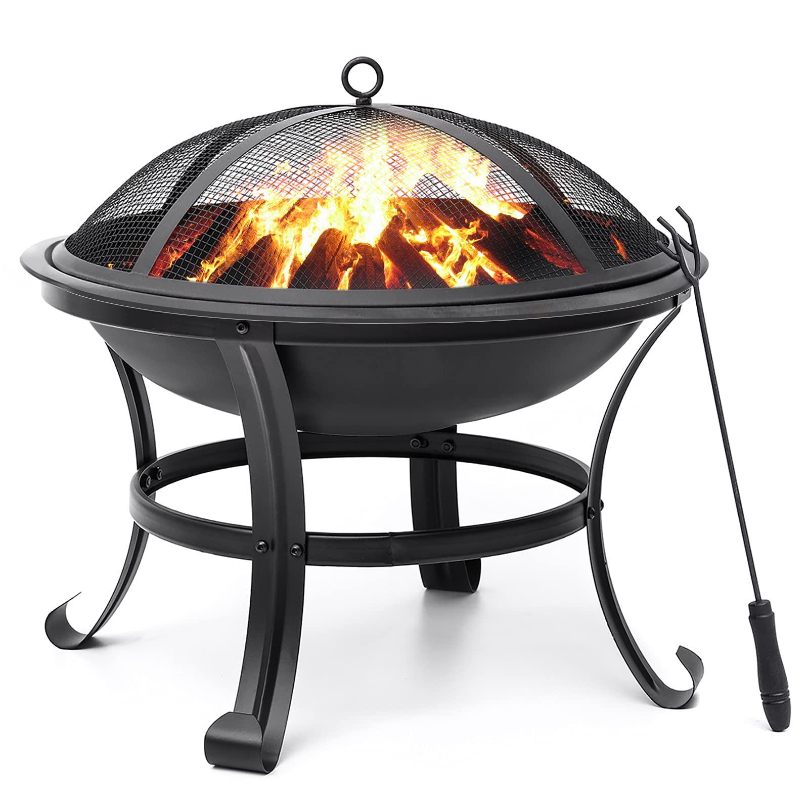 SINGLYFIRE 22 inch Fire Pit for Outside Outdoor Wood Burning Small Bonfire Pit Steel Firepit Bowl for Patio Camping Backyard Deck Picnic Porch,with Spark Screen,Log Grate,Poker - CookCave