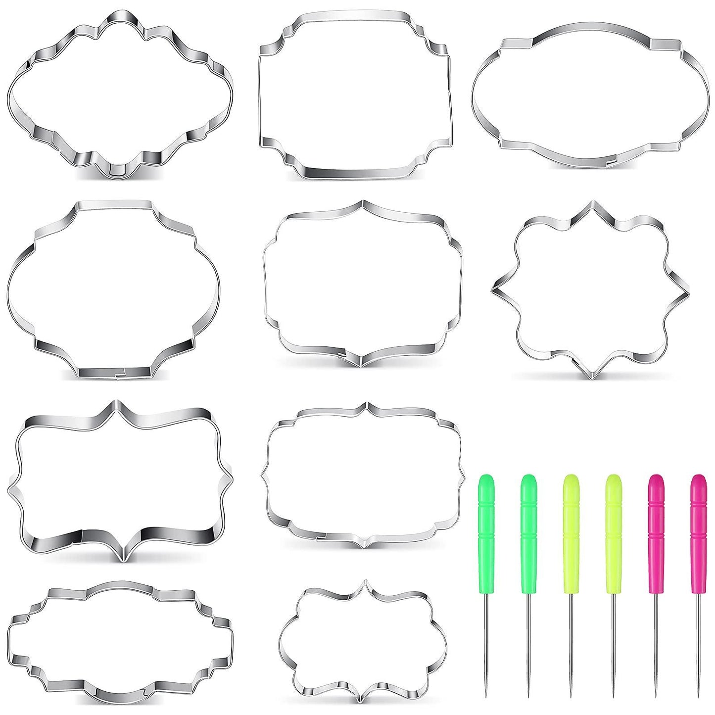 10 Pieces Plaque Frame Cookie Cutter Stainless Steel Biscuit Cutter Fondant Cake Decorating Tools and 6 Pieces Sugar Stirring Pins for Kitchen Baking - CookCave