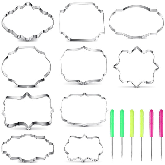 10 Pieces Plaque Frame Cookie Cutter Stainless Steel Biscuit Cutter Fondant Cake Decorating Tools and 6 Pieces Sugar Stirring Pins for Kitchen Baking - CookCave
