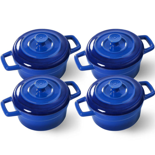 Lareina Mini Cocotte - 12oz Ceramic Casserole Dishes - Kitchen Casserole Sets With Handles And Lid - Small Baking Ramekins - Oven, Microwave & Dishwasher Safe - Set of 4 - Blue - CookCave