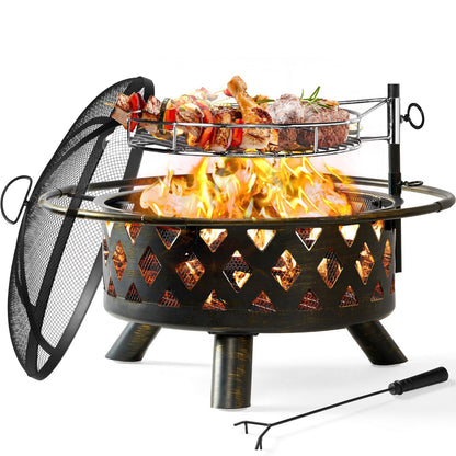 Aoxun 2 in 1 Fire Pit 36'' with Cooking Grill,Outdoor Wood Burning Fire Pit for Backyard Bonfire Patio,Outside-Steel BBQ Grill Firepit Bowl with Cover & Fire Poker - CookCave
