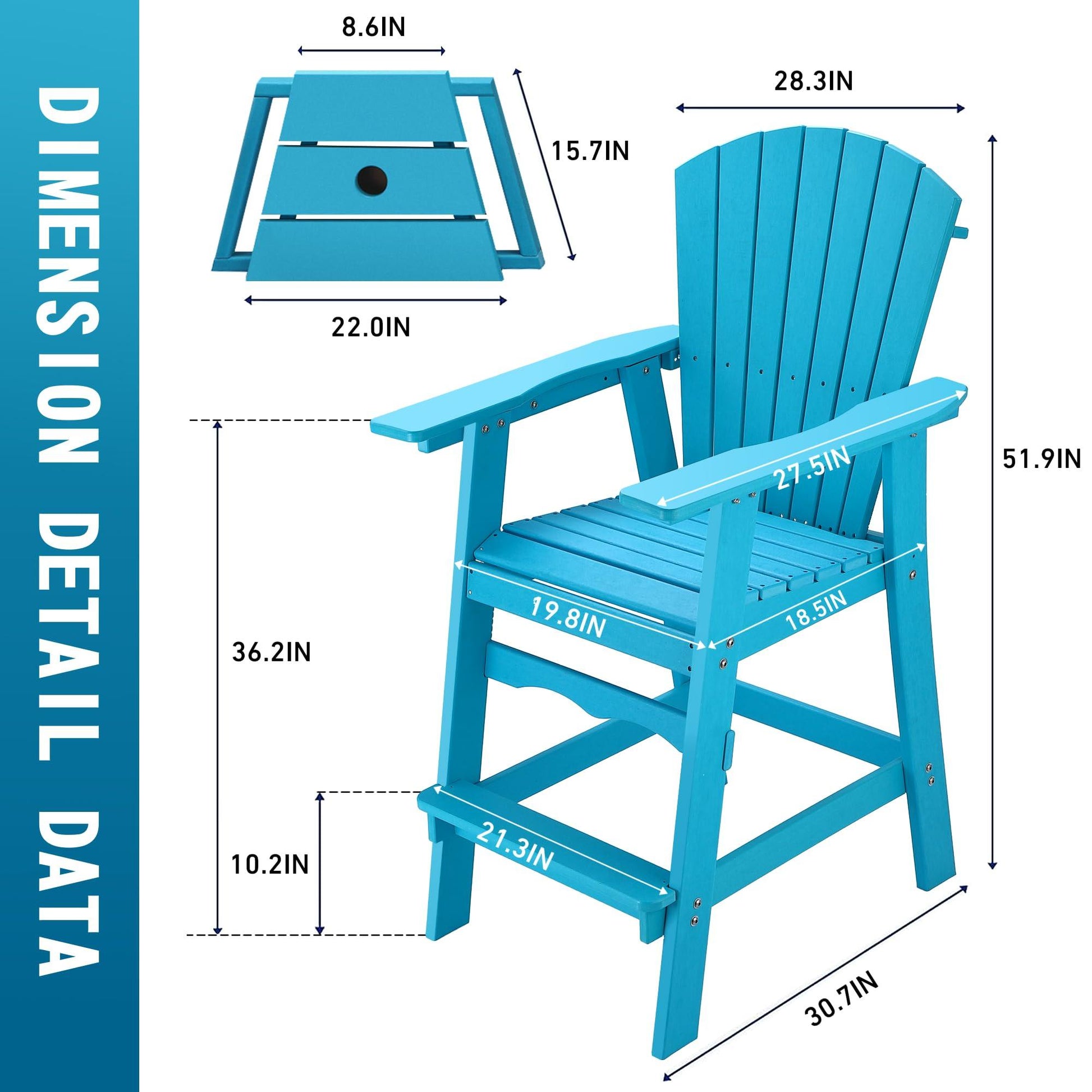 Aoorun 51''High Back, 420lbs, Widened Arms, All Weather Resistant, HDPE Recyclable Plastic Adirondack Chairs with Connecting Table-Blue - CookCave