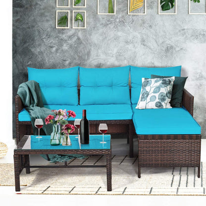 Tangkula Patio Corner Sofa Set 3 Piece, Outdoor Rattan Sofa Set, Includes Lounge Chaise, Loveseat & Coffee Table, Patio Garden Poolside Lawn Backyard Furniture (Turquoise) - CookCave