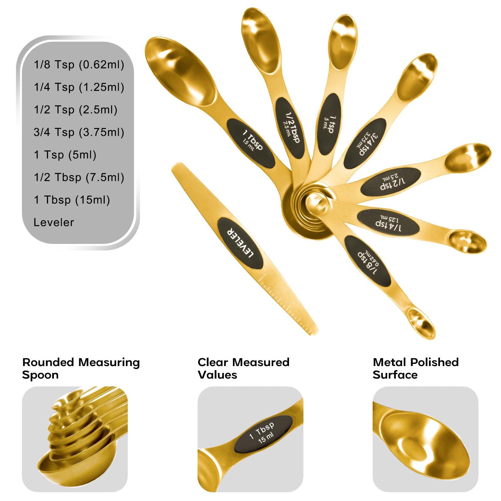 Magnetic Measuring Cups and Spoons Set, Including 7 Stainless Steel Nesting Gold Measuring Cups & 8 Magnetic Gold Measuring Spoons with 1 Leveler for Cooking & Baking - CookCave