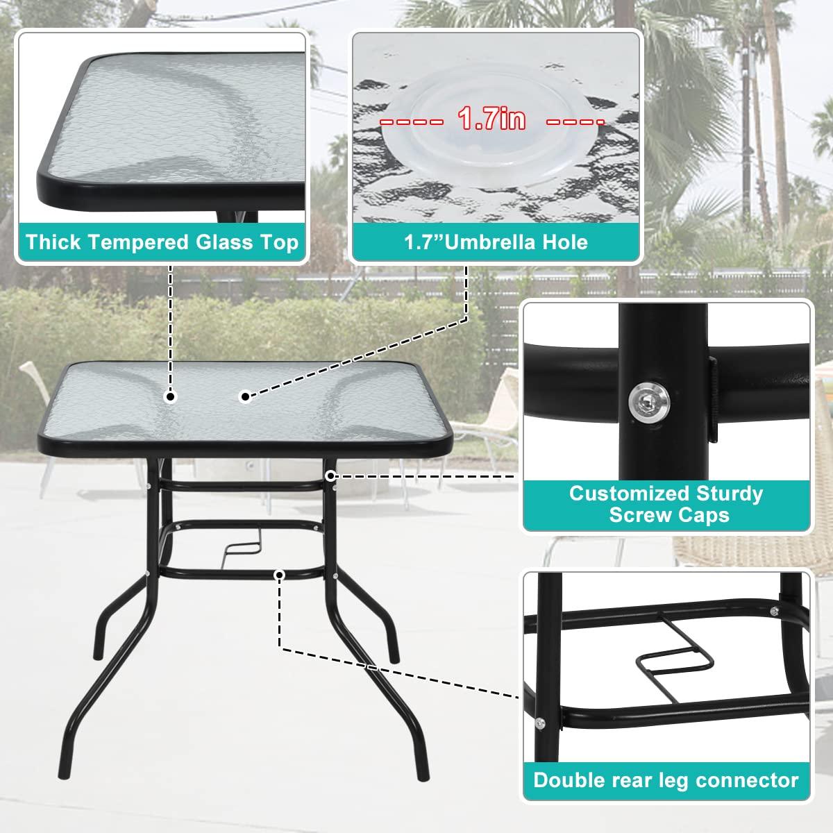 Dlewmsyic Outdoor Dining Table with Umbrella Hole, Patio Dining Table 32 inches Square Tempered Glass Metal Table Dining Bistro Table Furniture Set for Balcony, Backyard, Poolside, Sunroom, Black - CookCave