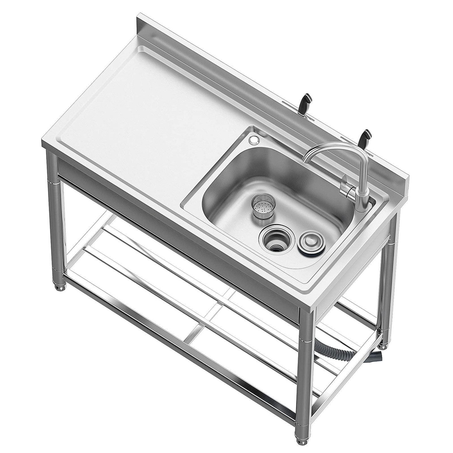 Free Standing Stainless-Steel Single Bowl Commercial Restaurant Kitchen Sink Set w/Faucet & Drainboard, Prep & Utility Washing Hand Basin w/Workbench & Storage Shelves Indoor Outdoor (39 in) - CookCave