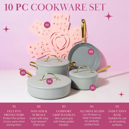 Paris Hilton Iconic Nonstick Pots and Pans Set, Multi-layer Nonstick Coating, Matching Lids With Gold Handles, Made without PFOA, Dishwasher Safe Cookware Set, 10-Piece, Light Gray - CookCave