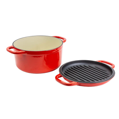 Lodge 7 Quart Essential Enameled Cast Iron Double Dutch Oven- Dual Handles – Lid Doubles as Grill Pan, Oven Safe up to 500° F or on Stovetop - Use to Marinate, Cook, Bake, Refrigerate & Serve – Red - CookCave