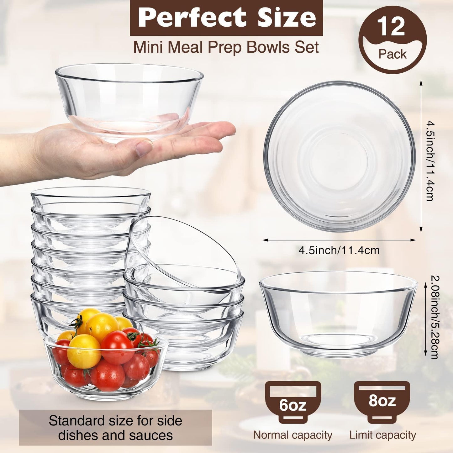 Eccliy 12 Pcs 8 oz Glass Bowls Set 4.5 Inch Mini Meal Prep Bowls Small Glass Bowls Clear Serving Bowls Sauce Cups for Kitchen Salad Dessert Ice Cream Dips Snack Side Dishes Ingredients Condiments - CookCave