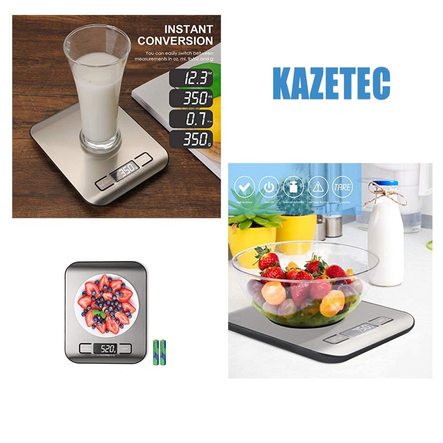 KAZETEC Digital Kitchen Scale,Multifunction Food Scale Measure Weight(MAX:11LB/5KG/176OZ) Accurately,Stainless Steel Scale Digital Weight,Large LCD Display,Waterproof,4 Unit(G/ML/OZ/LB.OZ) - CookCave