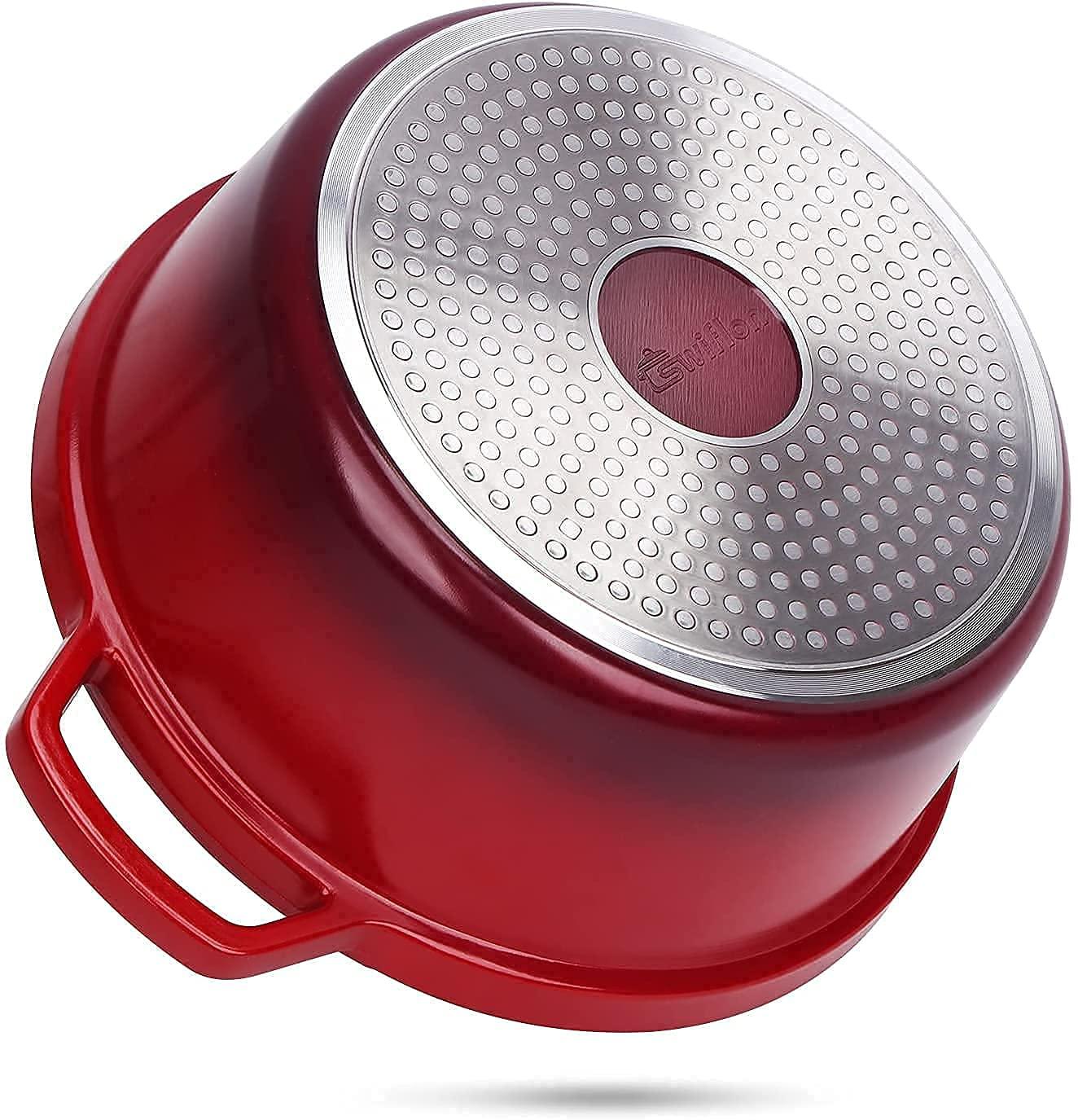 swiflon Dutch Oven Pot with Lid 6.8-QT Cast Aluminum Nonstick Casserole, Lightweight Cookware Braiser Pot Suitable for Meats, Soups, Bread Baking in Oven, Red - CookCave