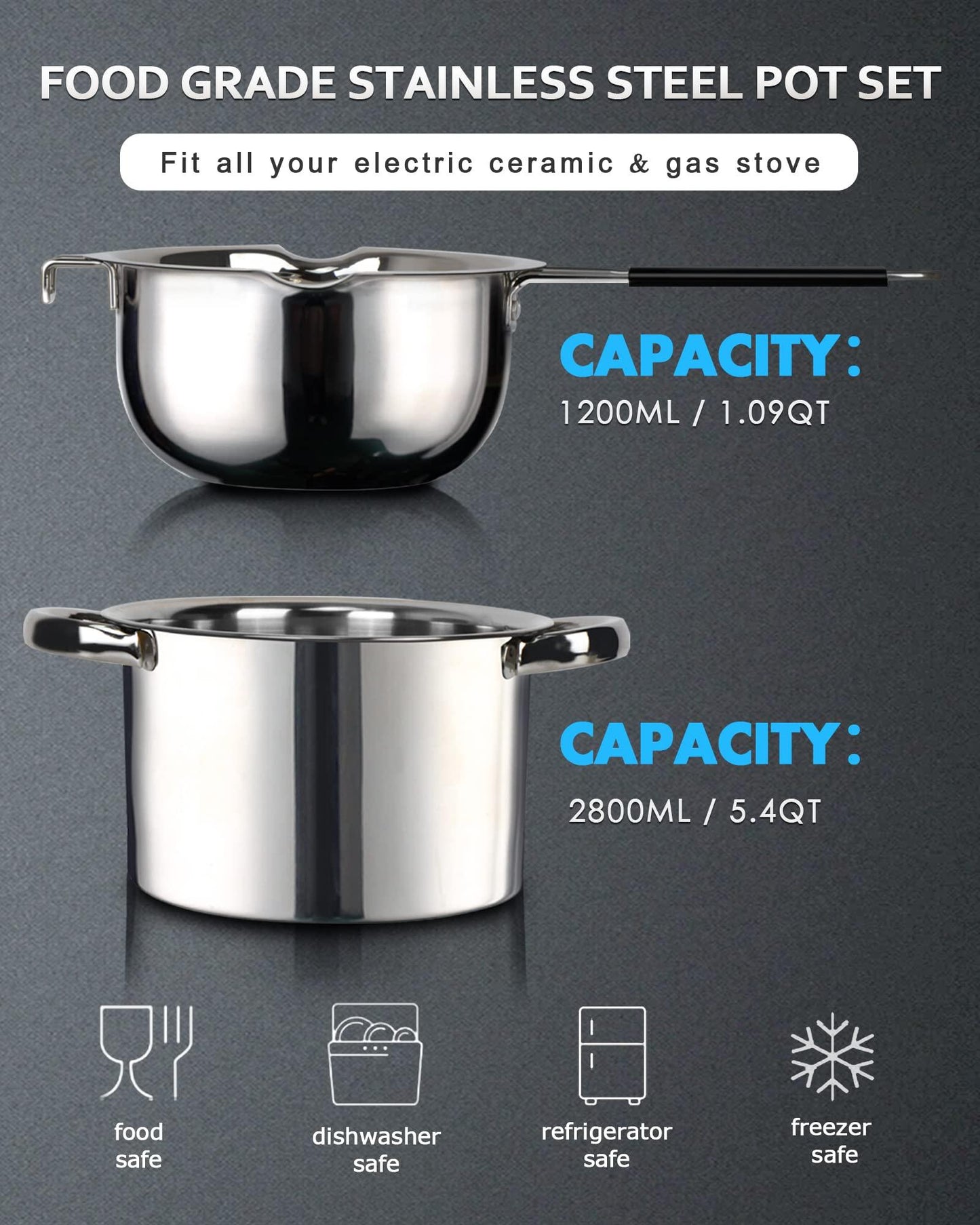 Double Boiler Pot Set,1200ML/1.1QT Double Boiler for Chocolate Melting, 2800ML/2.54QT 304 Stainless Steel Pot With Silicone Spatula for Melting Chocolate, Candy, Candle, Soap, Wax - CookCave