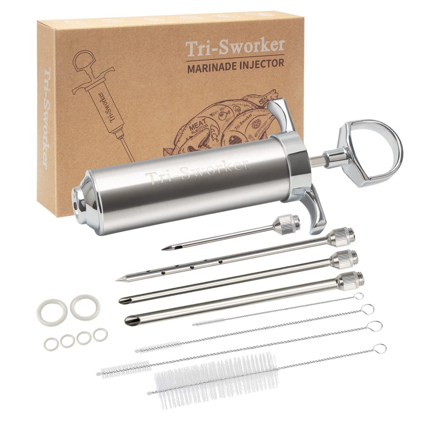 Tri-Sworker Meat Injector Syringe for Smoking with 4 Marinade Flavor Food Injector Needles, Ideal to Injector Marinades for Meats, Turkey, Brisket, Beef; 2-OZ Capacity - CookCave