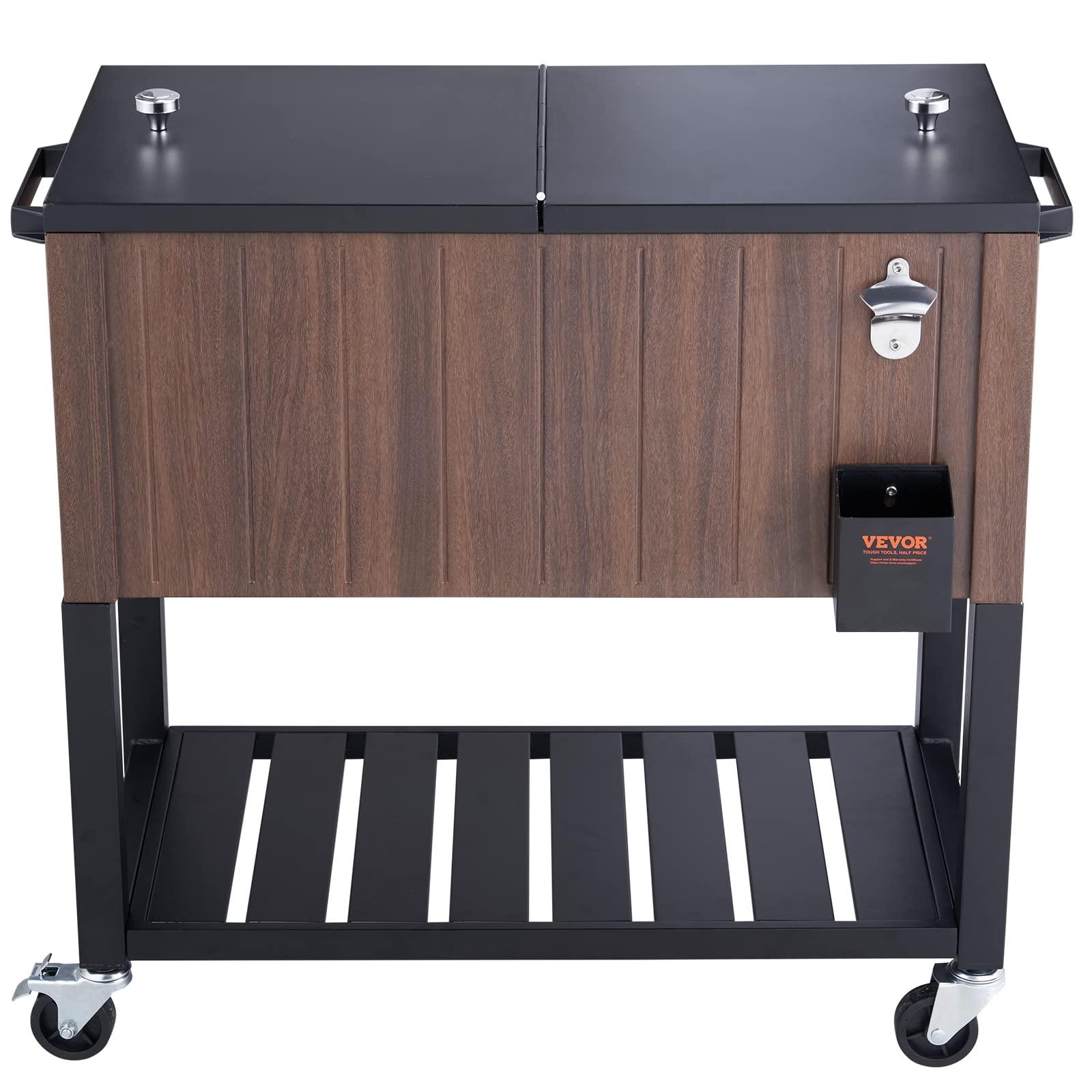 VEVOR Rolling Ice Chest Cooler Cart 80 Quart, Portable Bar Drink Cooler, Beverage Bar Stand Up Cooler with Wheels, Bottle Opener, Handles for Patio Backyard Party Pool, Wooden Teak Accent, Brown - CookCave