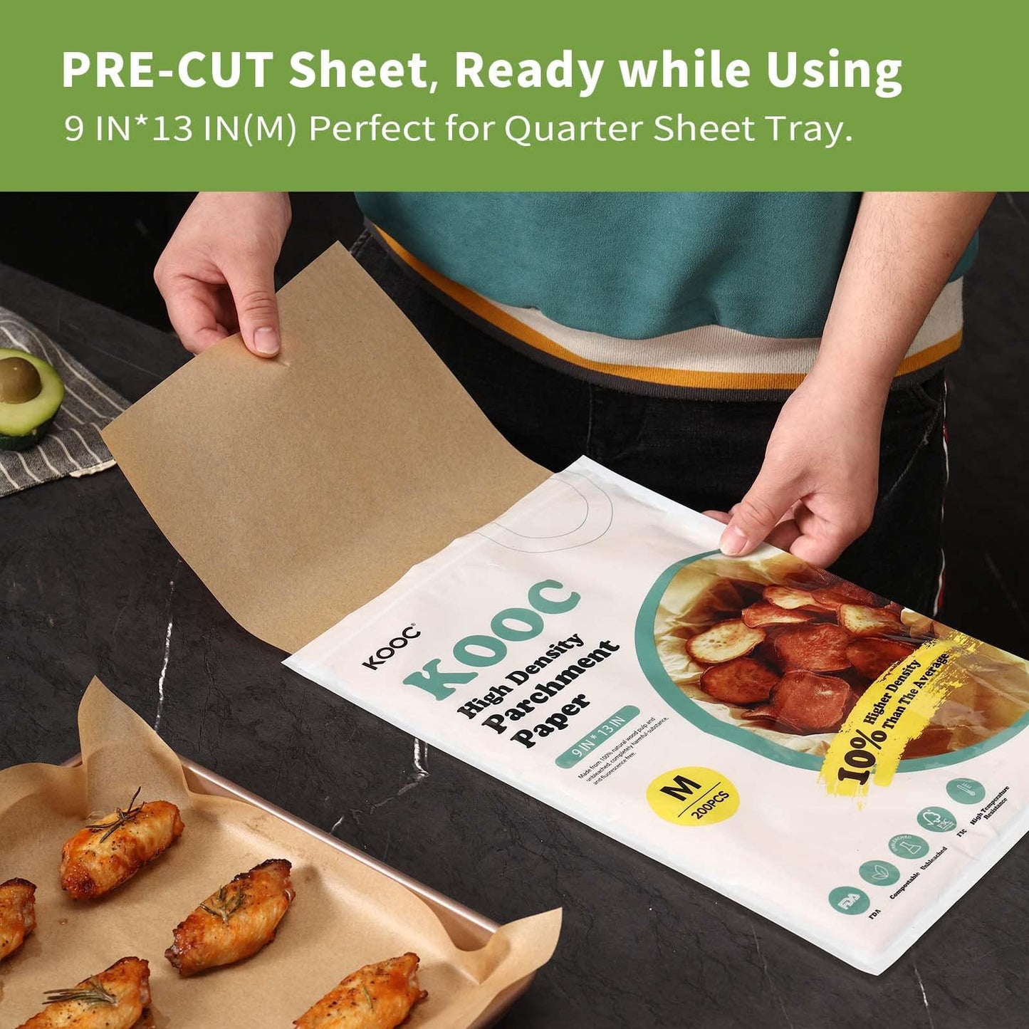 KOOC Premium 200-Pack 9x13 Inch Parchment Paper Sheets - Precut Unbleached Baking Paper - High Density & Compostable - Non-Stick - Ideal for Oven, Microwave, Air Fryer - Cooking and Baking Essential - CookCave