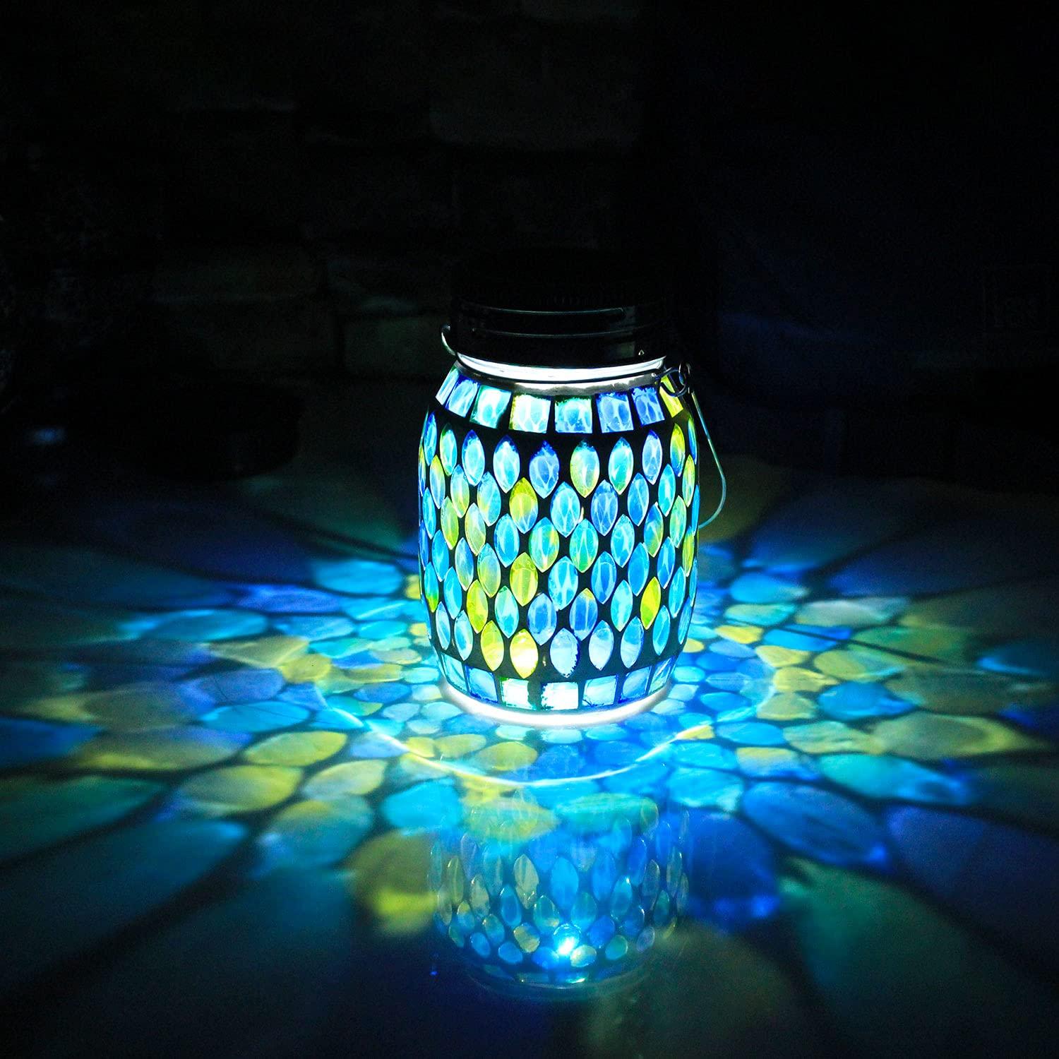 GUANFU Mosaic Solar Lanterns Outdoor Hanging Lights, Solar Table Lamps & Cool Blue Color Mosaic Glass Lights, Outdoor Waterproof Solar Night Lights, Garden,Patio,Pathway & Yard Décor - CookCave