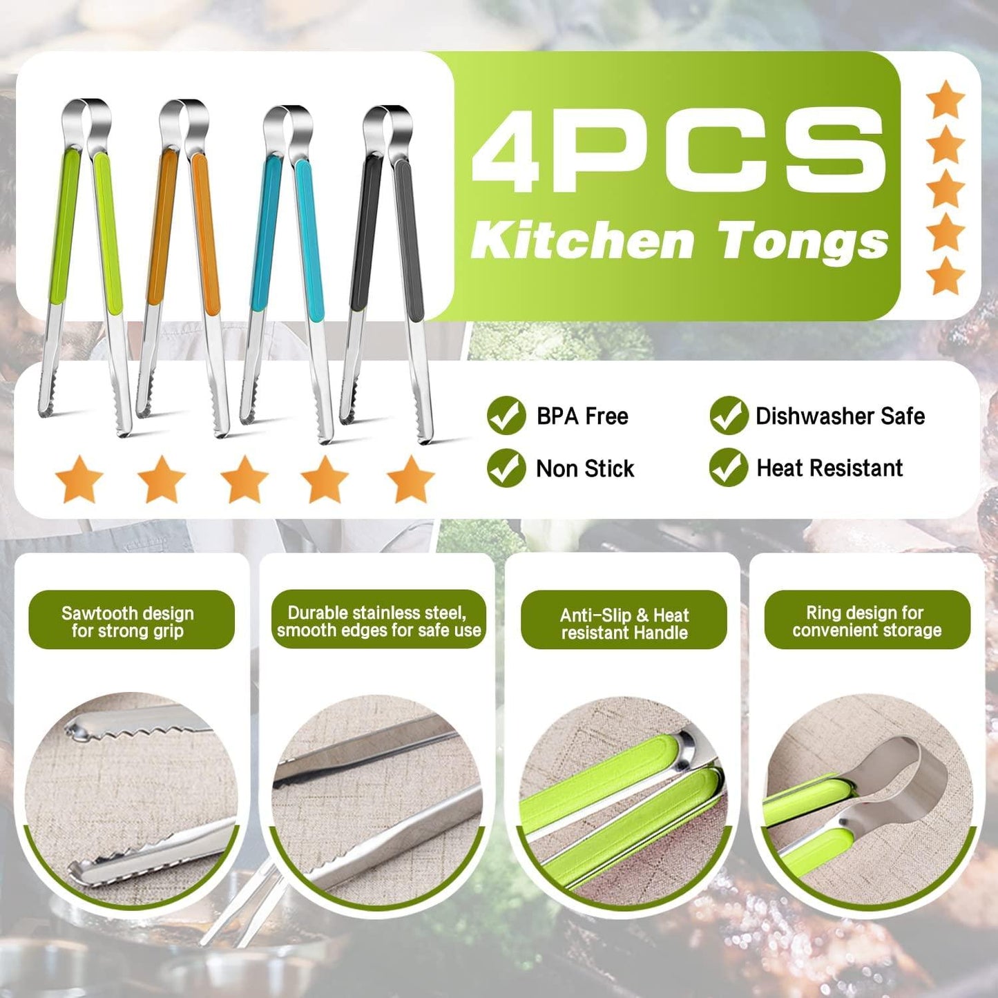 4Pcs Stainless Steel Kitchen Tongs, Serving Tongs for Cooking, 10" Metal Food Tongs with Non-Slip Comfort Grip, Non-Stick Cooking Tongs High Heat Resistant BBQ Tongs Grill Tongs for Barbecue Grilling - CookCave