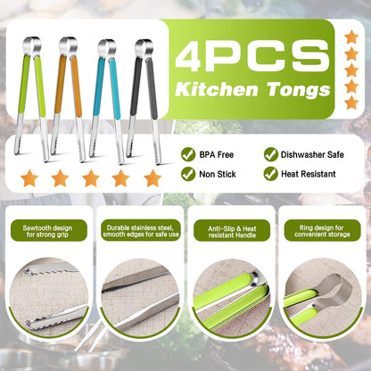 4Pcs Stainless Steel Kitchen Tongs, Serving Tongs for Cooking, 10" Metal Food Tongs with Non-Slip Comfort Grip, Non-Stick Cooking Tongs High Heat Resistant BBQ Tongs Grill Tongs for Barbecue Grilling - CookCave