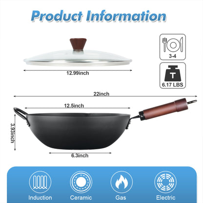 Bielmeier Wok Pan with Lid， Versatile and Durable Carbon Steel Wok - Natural Non-Stick Woks and Stir Fry Pans, Flat Bottom Wok Suitable for All Cooktops - Perfect for Asian Cuisine - CookCave