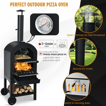 Happygrill Outdoor Pizza Oven Wood Fired Pizza Maker with 2 Wheels, Built-in Thermometer, Pizza Stone, Pizza Peel, Waterproof Cover, Portable Pizza Oven Heater for Barbecue Picnic Camping - CookCave