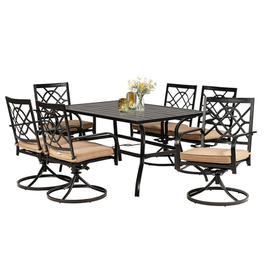 Patiomore 7 Piece Patio Dining Set Outdoor Furniture Set, Rectangular Metal Slatted Dining Table with Umbrella Hole & 6 Swivel Dining Chairs for Garden Lawn Yard - CookCave