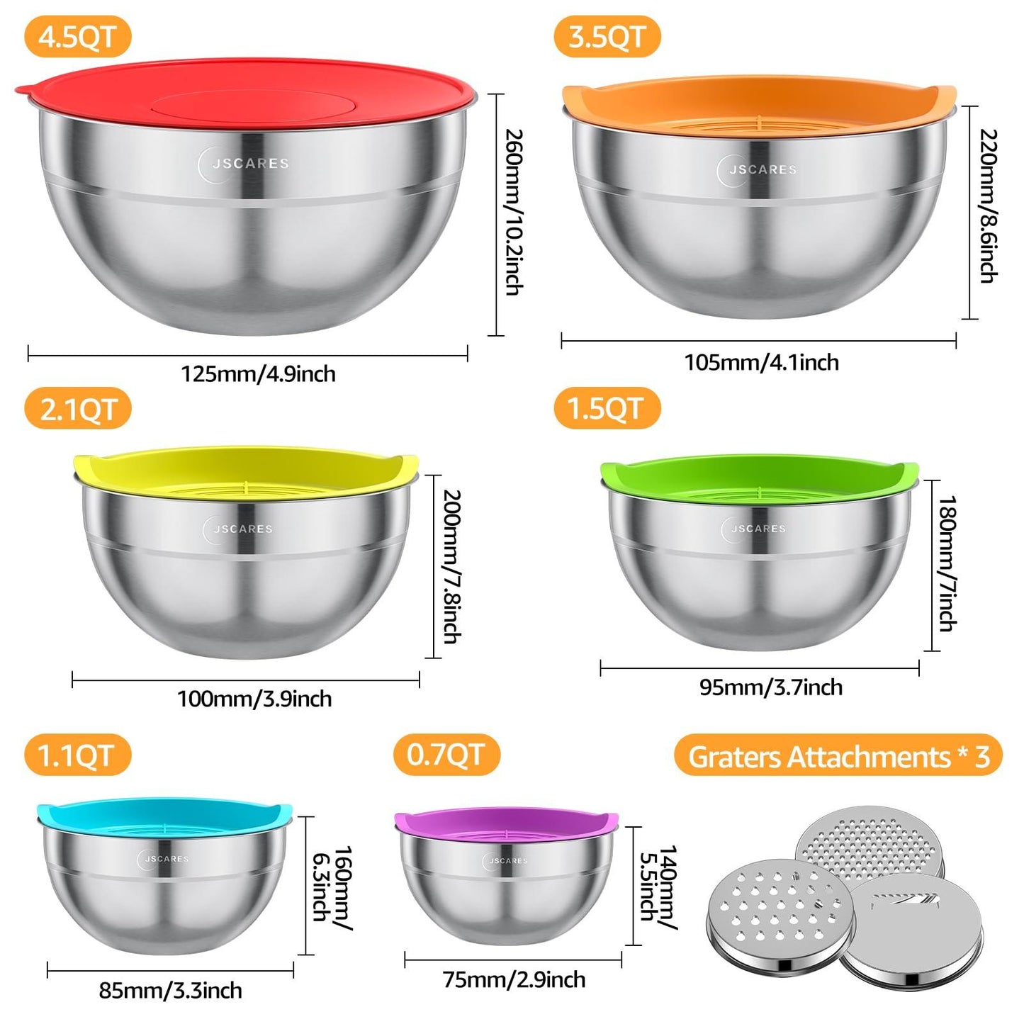 JSCARES 6pc Stainless Steel Mixing Bowls with Airtight Lids and 3 Graters - Colorful, Airtight, 0.7QT to 4.5QT - CookCave