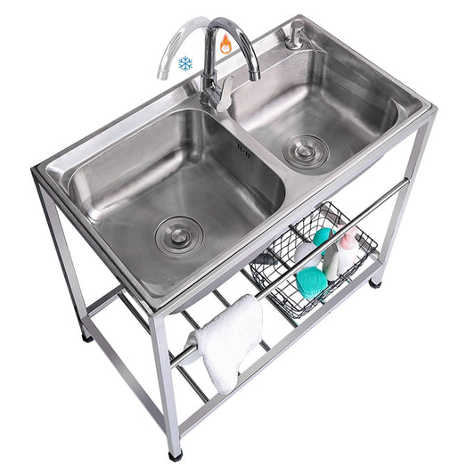 Outdoor Utility Sink Stainless Steel Double Bowl Sink Free Standing Commercial Restaurant Kitchen Sink with Hot and Cold Faucet for Laundry,Garage,Cafe Bar 32.7" x 17.3" x30.3" - CookCave
