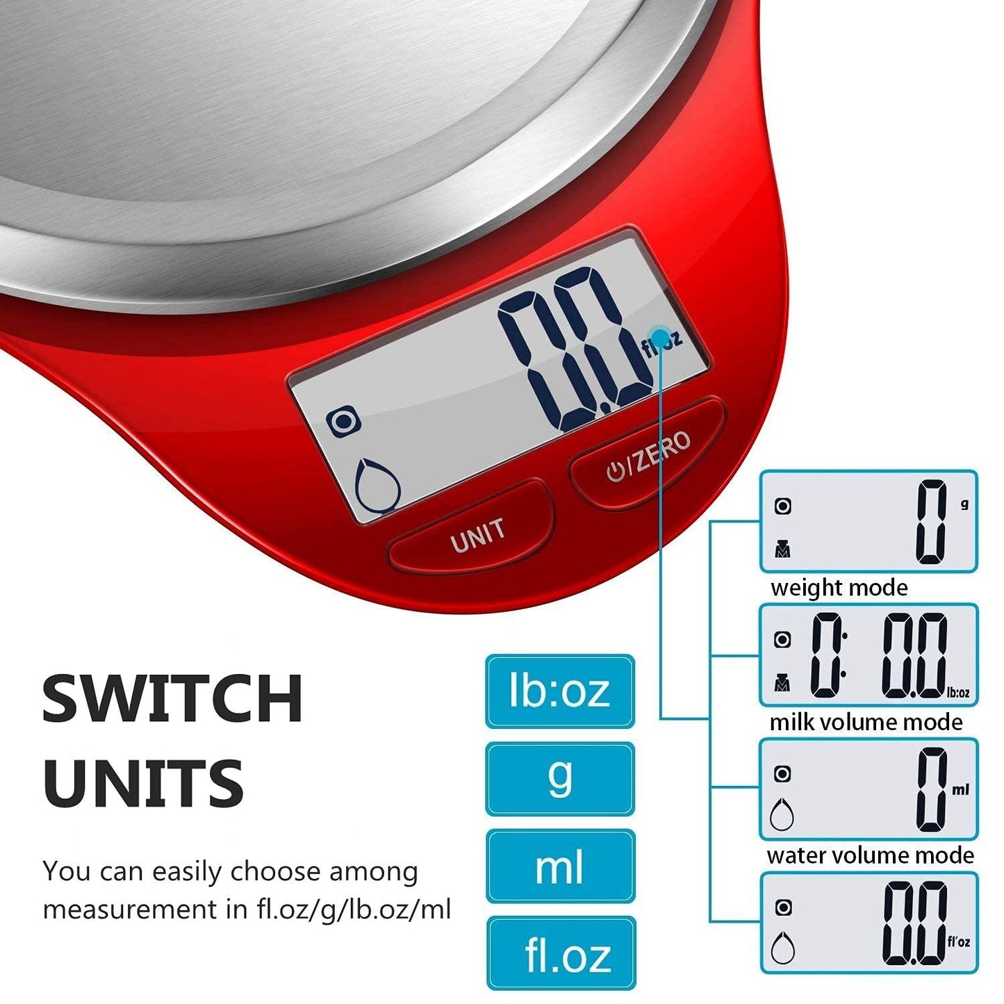 NUTRI FIT Digital Kitchen Scale with Wide Stainless Steel Plateform High Accuracy Multifunction Food Scale with LCD Display for Baking Kitchen Cooking,Tare & Auto Off Function (Red) - CookCave