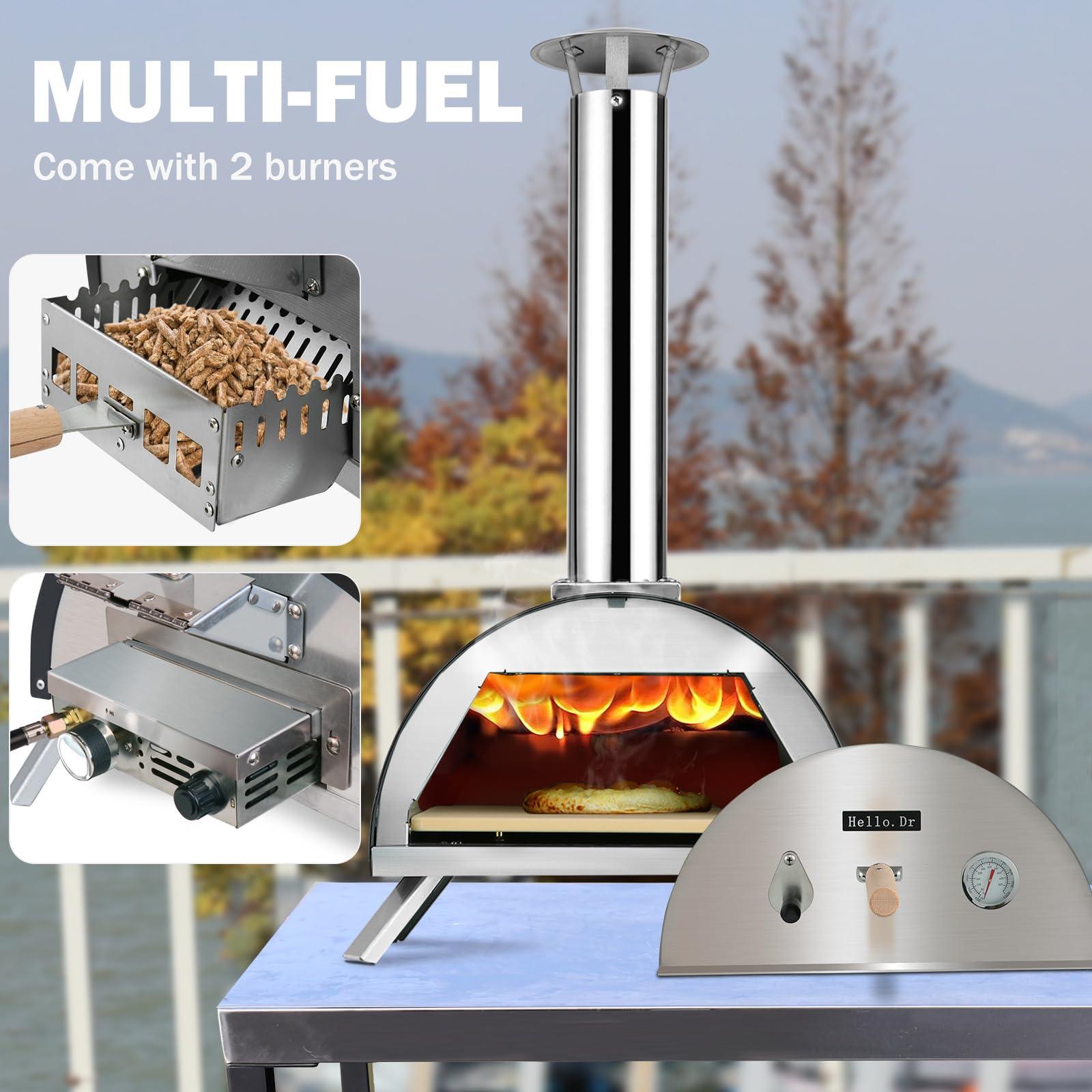 Hello. Dr 13" Multi-Fuel Pizza Oven Outdoor - Portable Wood Pellet and Gas Pizza Oven - Countertop Pizza Oven with Built-in Thermometer,Pizza Cutter & Carry Bag, for Outside Backyard Outdoor Kitchen - CookCave