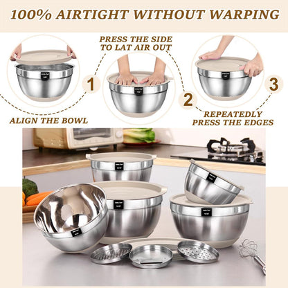 Umite Chef Mixing Bowls with Airtight Lids Set, 8PCS Stainless Steel Khaki Nesting Bowls with Grater Attachments, Kitchen Bowls with Non-Slip Bottoms, Size 5, 4, 3.5, 2, 1.5QT for Mixing & Serving - CookCave