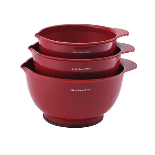 KitchenAid Universal Nesting Plastic Mixing Bowls, Set Of 3, 2.5 quart, 3.5 quart, 4.5 quart, Non Slip Base with Easy Pour Spout to Reduce Mess, Dishwasher Safe, Empire Red - CookCave