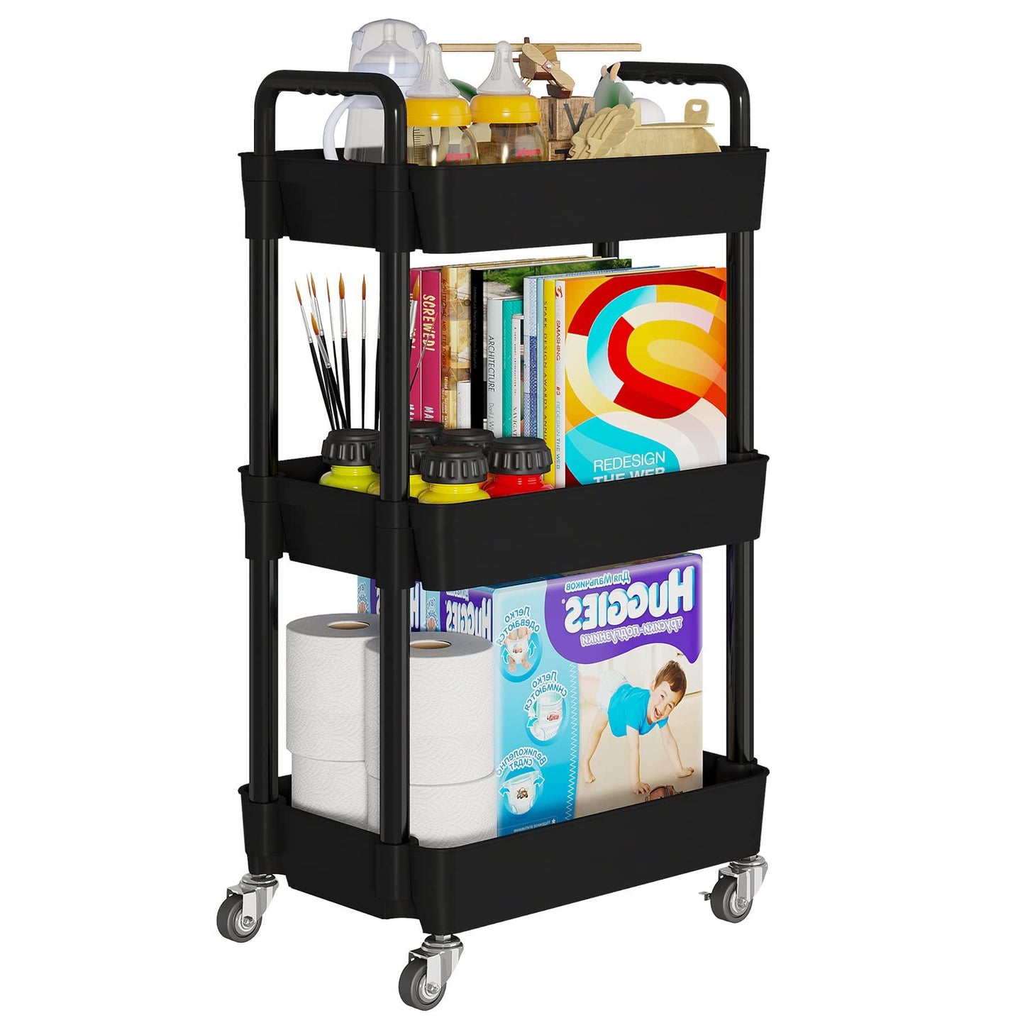 Laiensia 3-Tier Kitchen Storage Cart,Multifunction Utility Rolling Storage Organizer,Mobile Shelving Unit Cart with Lockable Wheels for Bathroom,Laundry,Living Room,With Classified Stickers,Black - CookCave
