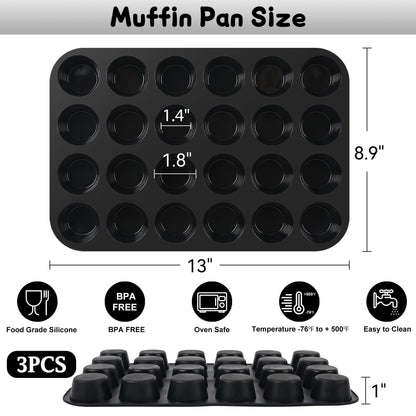 Dropower 24 Cups Mini Silicone Muffin Pan Nonstick Cupcake Pan Muffin Tin Mini Silicone Baking Mold Muffin Tray for Egg Maffins, Brownie Black 3 Pack - CookCave