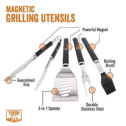 Yukon Glory™ 4 Piece Magnetic Grill Tools Set, Heavy Duty Stainless Steel, Contains Grill Fork, Basting Brush, Tongs and Multifunctional Spatula - CookCave