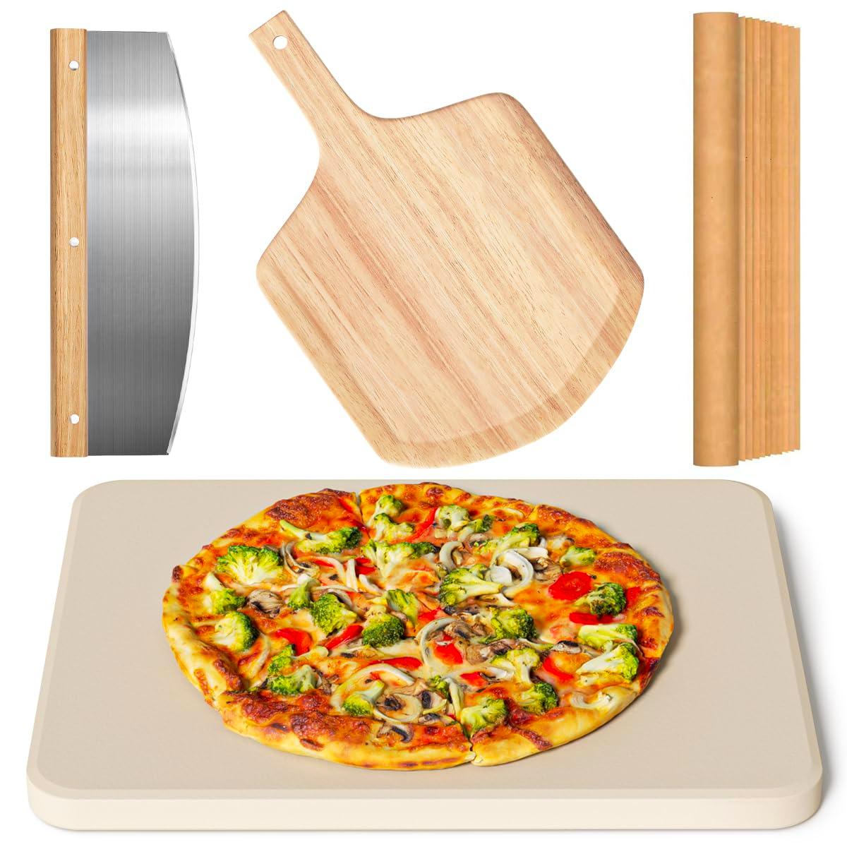 4 PCS Rectangle Pizza Stone Set, 15" Large Pizza Stone for Oven and Grill with Pizza Peel(OAK), Pizza Cutter & 10pcs Cooking Paper for Free, Baking Stone for Pizza, Bread,BBQ - CookCave