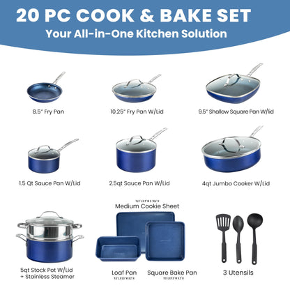 Granitestone 20 Pc Pots and Pans Set Non Stick Cookware Set, Kitchen Cookware Sets, Pot and Pan Set, Pot Set, Diamond Coated Nonstick Cookware Set with Lids+Utensils, Non Toxic, Dishwasher Safe, Blue - CookCave