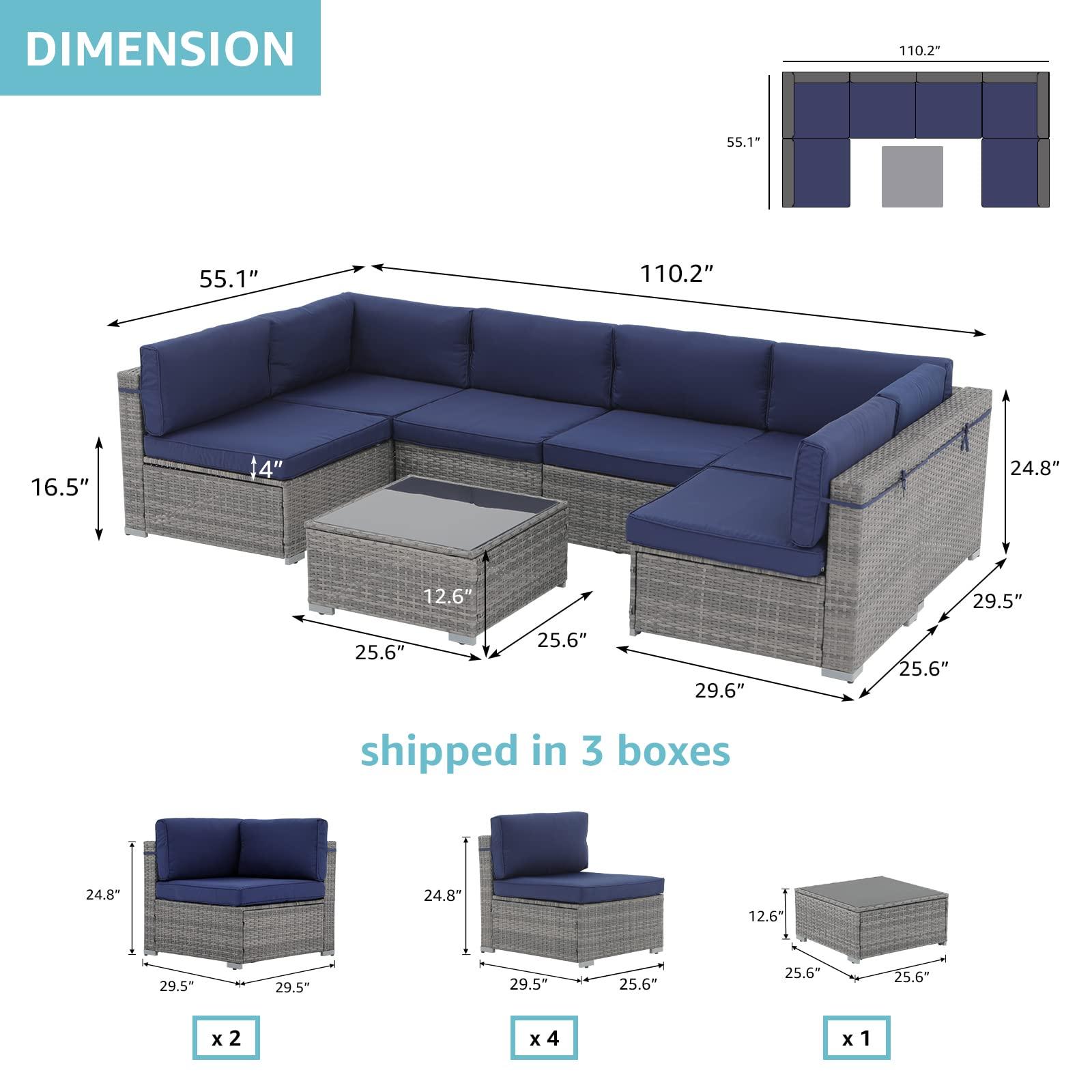 Patiorama 7 Pieces Outdoor Patio Furniture Set, All Weather Grey PE Wicker Rattan Sectional Conversation Set, Porch Garden W/Built-in Glass Table, Seat Clips, Navy Blue Cushions - CookCave