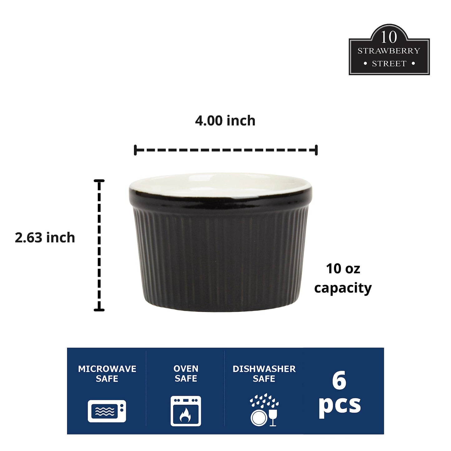 10 Strawberry Street Roma Ramekin Set of 6, 10 oz, Black - CookCave