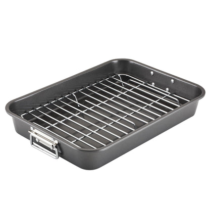 Farberware Bakeware Nonstick Steel Roaster with Flat Rack, 11-Inch x 15-Inch, Gray - CookCave